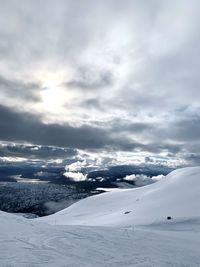 Scenic view of snow covered mountains against sky