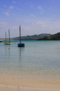 Sailboats sailing in sea against sky