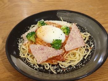 High angle view of breakfast served on table