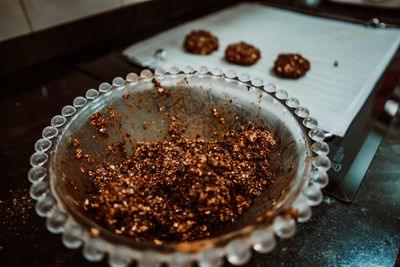 High angle view of cake in plate on table