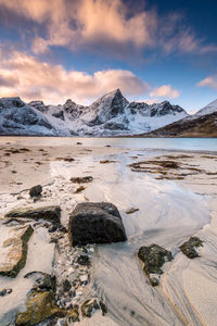 Scenic view of beach against sky during winter