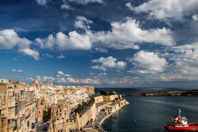 High angle view of buildings against cloudy sky