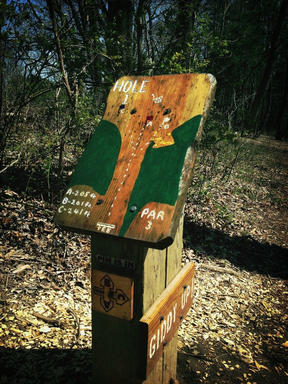 text, tree, communication, western script, wood - material, forest, growth, day, information sign, capital letter, no people, sign, outdoors, nature, high angle view, non-western script, plant, tranquility, metal, sunlight