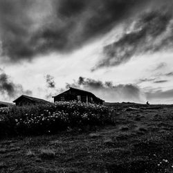 Houses on field against sky