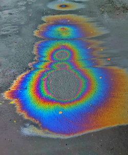 High angle view of rainbow over wet road