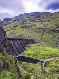 High angle view of dam against sky