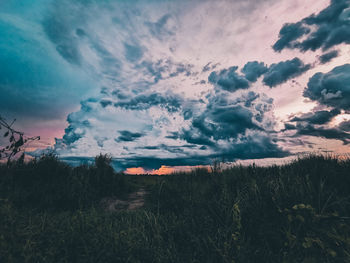 Scenic view of field against sky at sunset