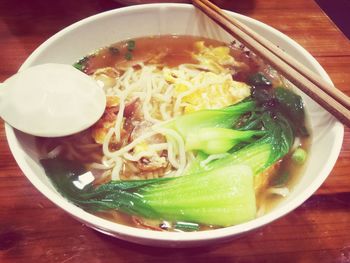 Close-up of soup in bowl on table