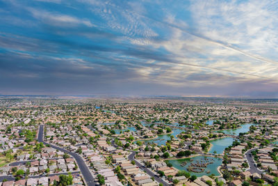 High angle view of townscape against sky