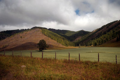 Scenic view of landscape and mountains against sky