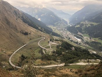 High angle view of road amidst mountains