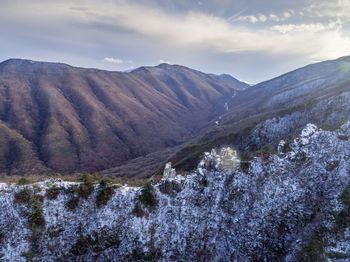 Scenic view of snowcapped mountains against sky