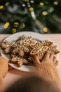 Ginger christmas cookies in children's hands on the background of the christmas tree.