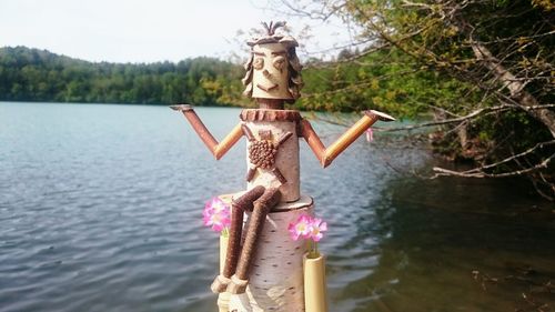 Close-up of statue by river against trees