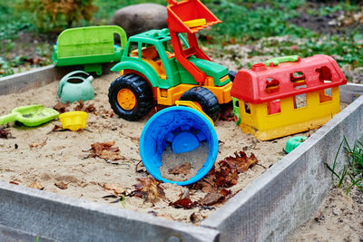 High angle view of toy car on field