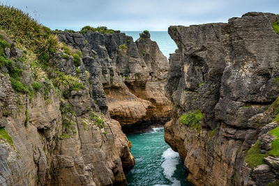 Rock formations by sea against sky