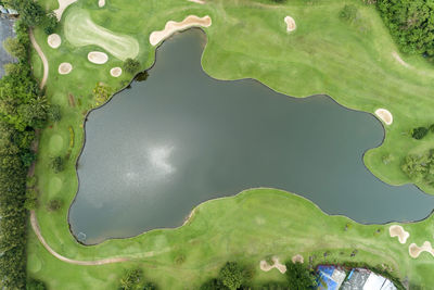 Aerial view of lake at golf course