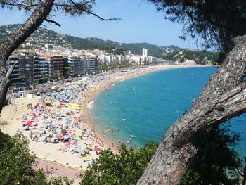 High angle view of calm sea against clear sky