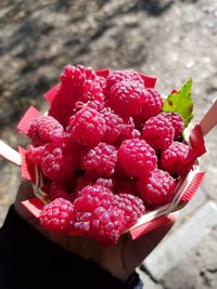 Close-up of hand holding strawberries