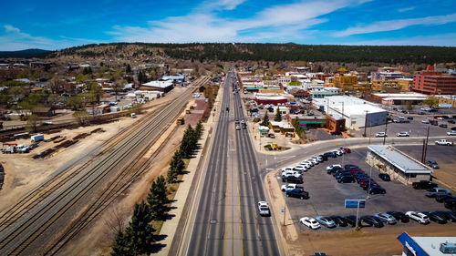 High angle view of city street against sky