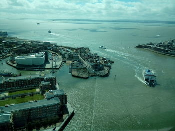 High angle view of boats in sea