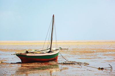 Sailboats moored on sea against clear sky