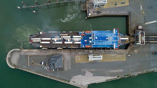 High angle view of ship moored at harbor