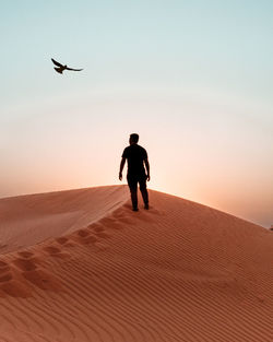 Full length of man standing on sand with bird flying in sky