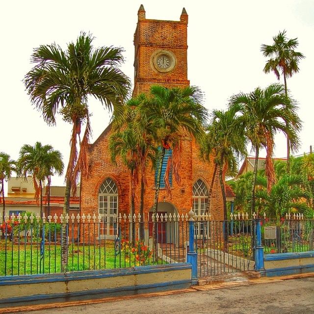 architecture, building exterior, built structure, palm tree, tree, clear sky, entrance, religion, facade, place of worship, gate, outdoors, sky, day, green color, low angle view, growth, house, incidental people, no people