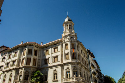 Low angle view of the building against clear blue sky