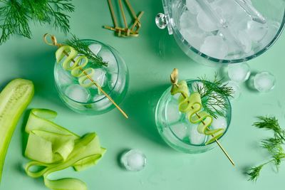 High angle view of glass on table