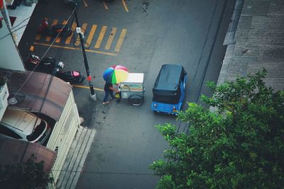 High angle view of man working on street