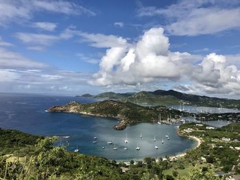 High angle view of bay against sky