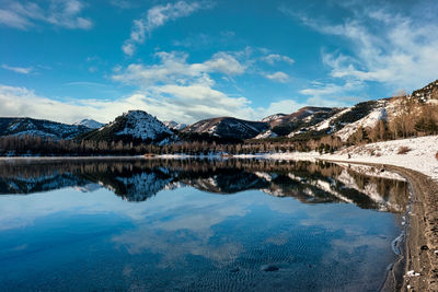 Scenic view of lake by snowcapped mountains against sky