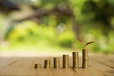 Close-up of coins on table