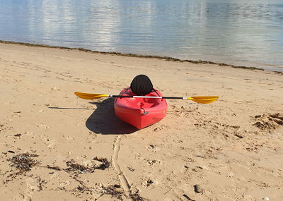 Rear view of toy on beach