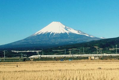 Scenic view of mountains against blue sky