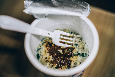 High angle view of breakfast in bowl on table