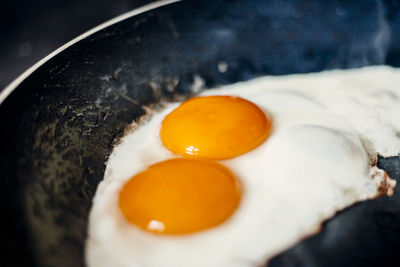 High angle view of eggs in frying pan