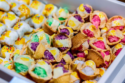 High angle view of candies in plate