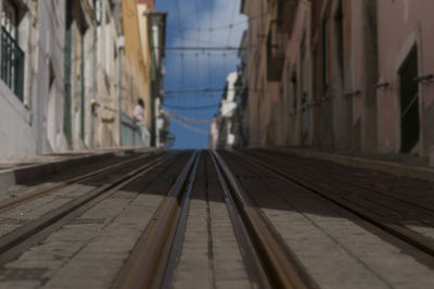 Railroad tracks amidst buildings