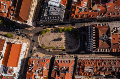 Top down aerial view of town square in lisbon, portugal. 