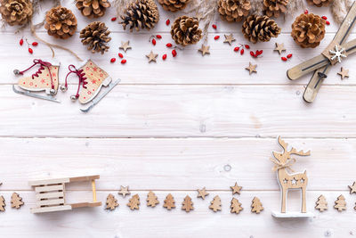 High angle view of christmas decorations on table