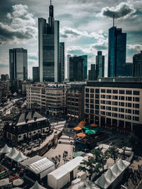 High angle view of buildings against sky