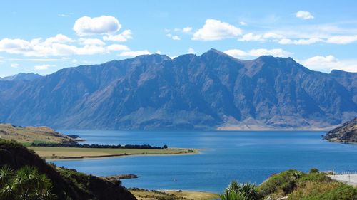 Scenic view of lake and mountains against sky