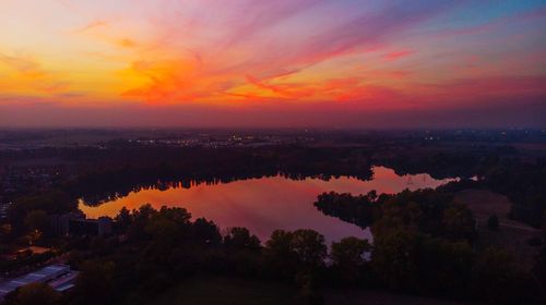 High angle view of trees against sky during sunset