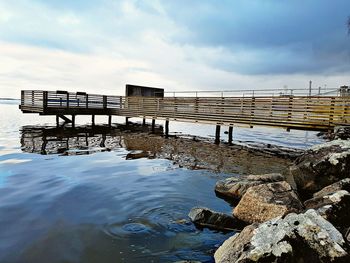 Wooden pier over lake against sky