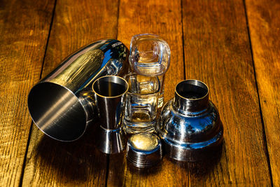 High angle view of wine glasses on table