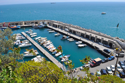 High angle view of harbor by sea against sky