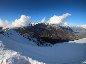 Scenic view of snowcapped mountains against sky